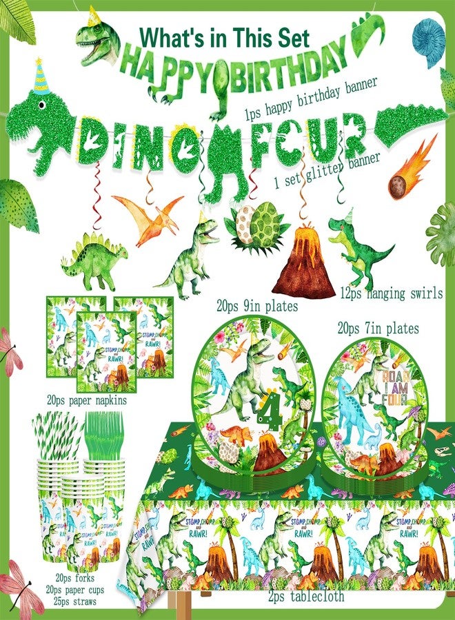 BIGKEOKI Dinosaur 4th Birthday Party Supplies Decorations Rawr Roar I am Four Party Decorations Dinosaur Plates Napkins Cups Tableware Set Balloon Box Balloon Garland Banner Backdrop TableCloth Dino Decor - Image 2
